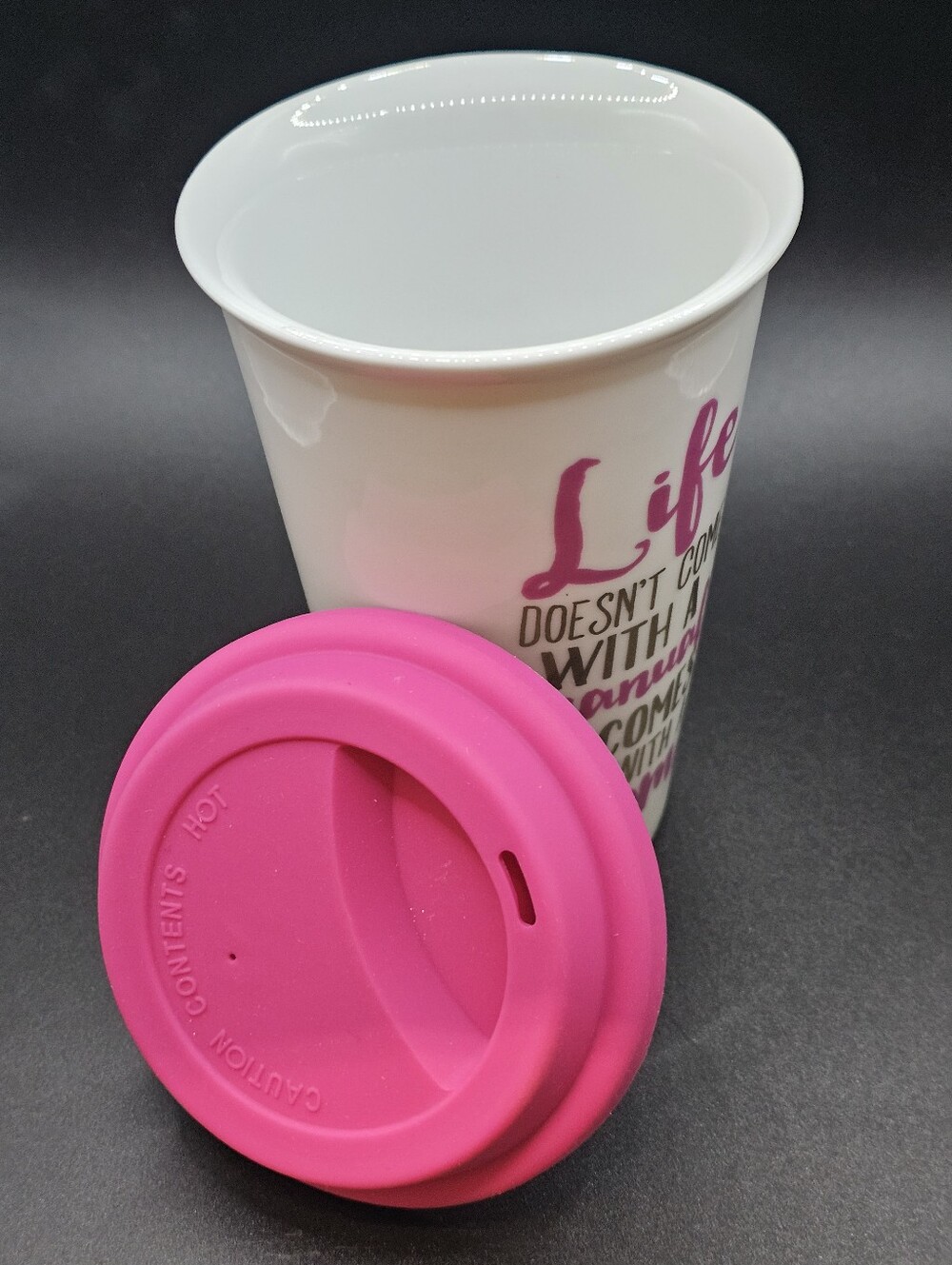 New Ceramic Pink Travel Mug with Silicone Lid - Life & Mom Quote